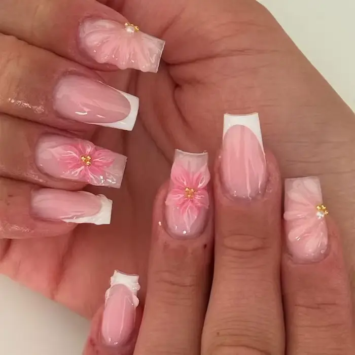 24 pièces Long carré 3D tridimensionnel Gelnail fait des ongles de fleur avec perle décorer concepti