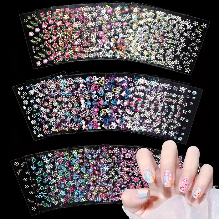 30 pièces (choire la quantité) autocollants pour ongles brillants-auto-adhésifs, fleurs, couleurs pa