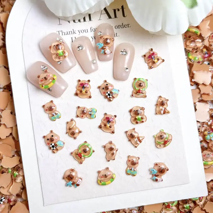 30 pièces roman réaliste marron Capybara résine ongles breloques 3D dessin animé mignon noix de coco dauphin cochon