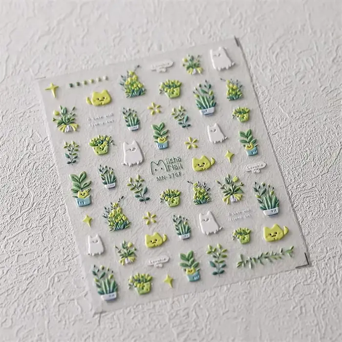Autocollants pour ongles, 1 pièce, joli chat vert, plante en pot, fleurs, Reliefs 5D, autocollants a