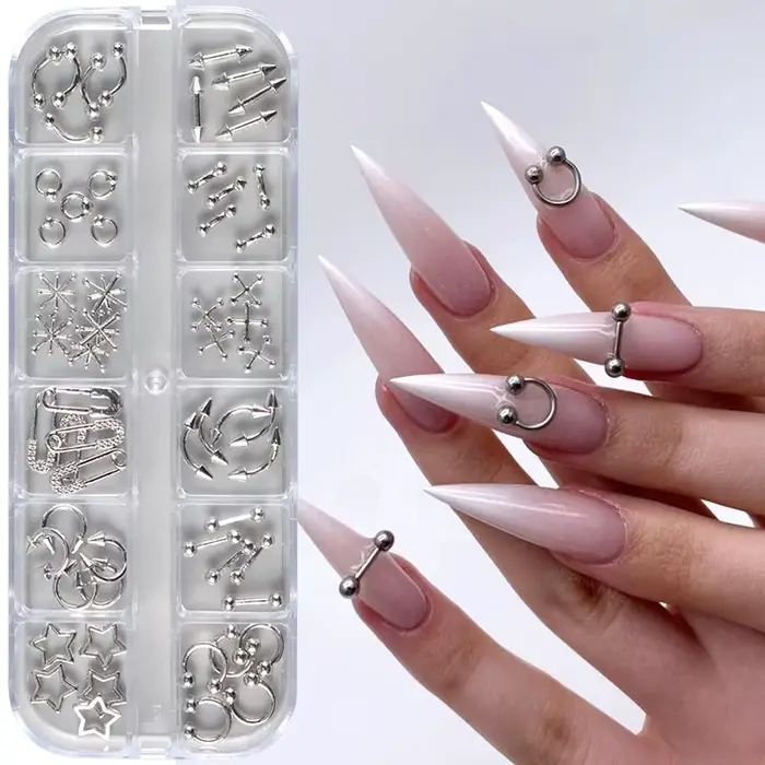 12 grilles Goth Punk ongles breloques goujons Y2K Piercing conceptions métallique argenté