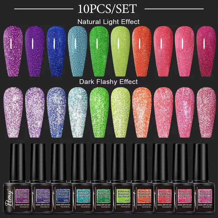 Lot de 10 vernis à ongles gel pailleté - Vernis brillant, absorbant les UV longue durée pour mains e