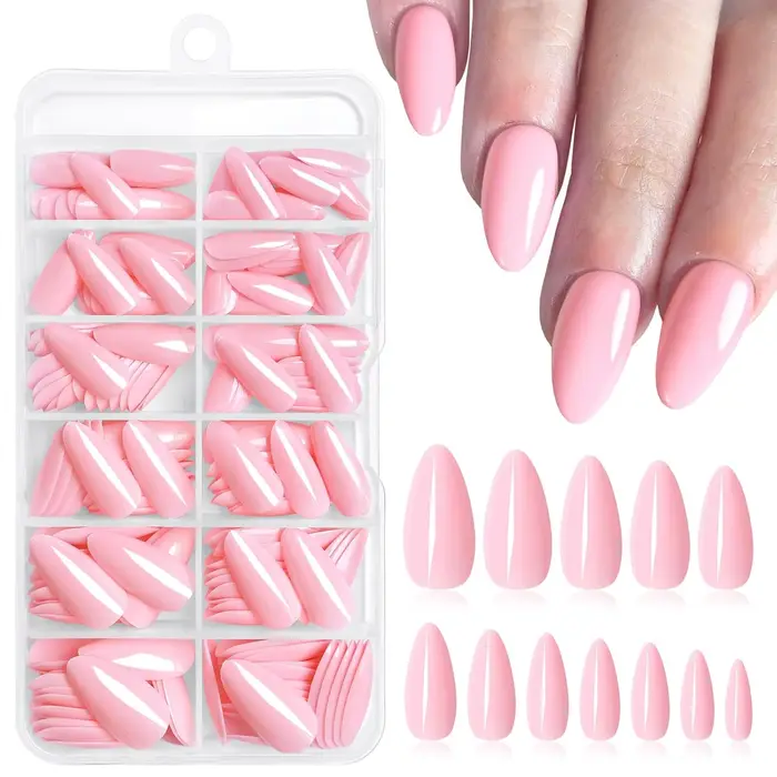 120 pièces/boîte, faux ongles en amande de couleur rose moyen, brillants, en forme d'amande, adaptés