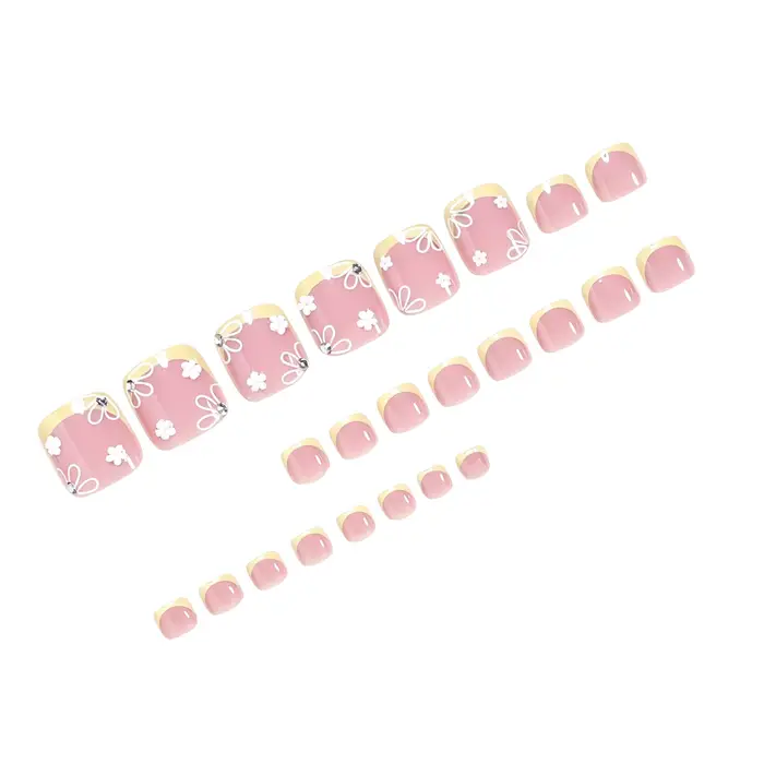 Ongles carrés français jaunes avec motif floral blanc