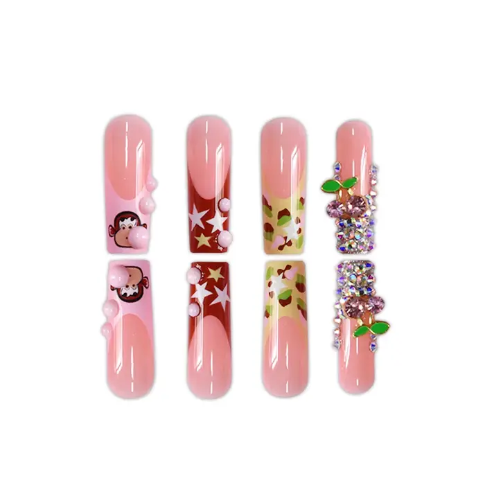 Faux ongles dessin animé petit singe, Blush, cercueil Long, doux et frais, diamant brillant, couleur étoile Y2k, presse française sur les ongles