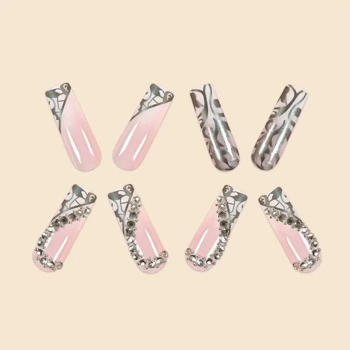Faux ongles de luxe pour femmes, Super longs, carrés, français, argent, vigne, Patchwork, diamant, c