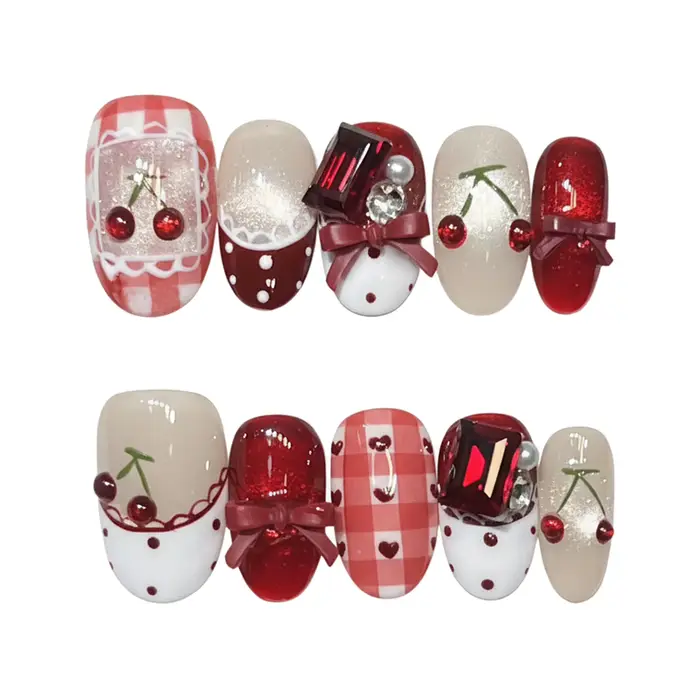 10 pièces doux Cool amande fait à la main faux ongles rose Plaid cerise nœuds papillon conceptions presse sur les ongles fée Ballet portable faux ongles