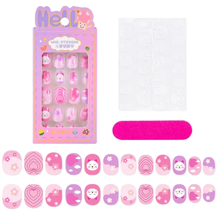 24 pièces/boîte enfants ongles pour fille dessin animé motif faux ongles mignon enfant faux ongles c