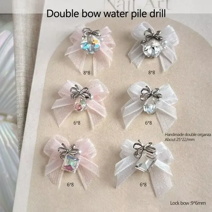 5 pièces 3D Organza arc Nail Art strass accessoires blanc rose arc carré goutte d'eau diamant