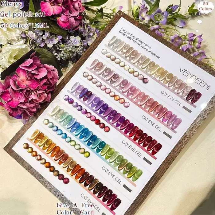 Gel UV/LED pour ongles effet œil de chat 50 couleurs Glenys – Kit professionnel pour salon de manucure