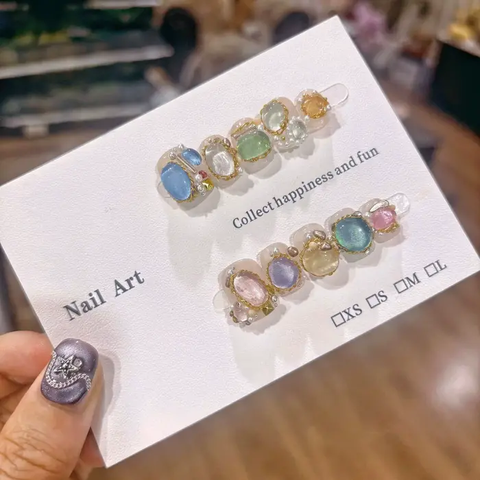 Nouveaux faux ongles à presser faits main, colorés et portables, avec motifs floraux et diamants, en