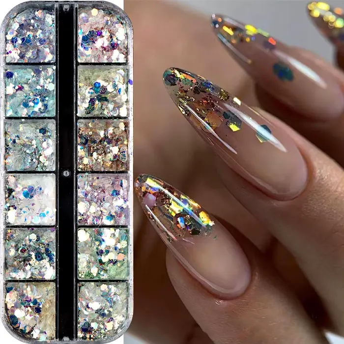 12 grilles scintillantes sirène hexagone Nail Art paillettes paillettes holographique miroir ongles 