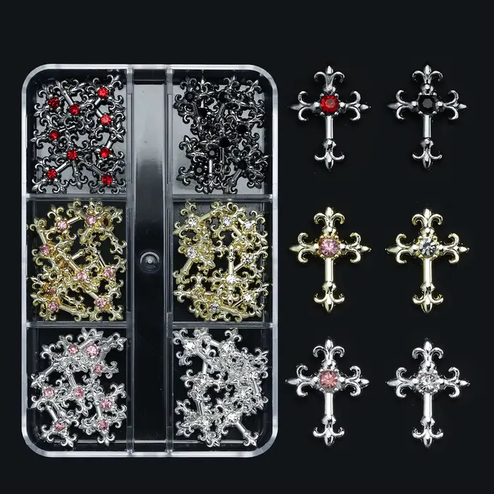Strass en alliage rétro intégrés en zircon pour nail art, croix 3d Y2K, style gothique punk en métal