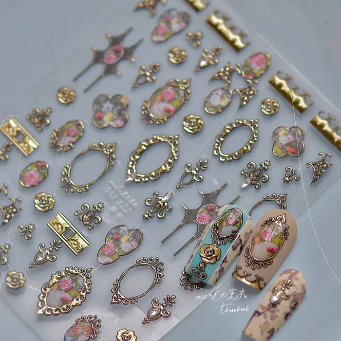 Autocollants de luxe 5D floraux pour Nail Art, or argent, cadre métallique de Style chinois, strass