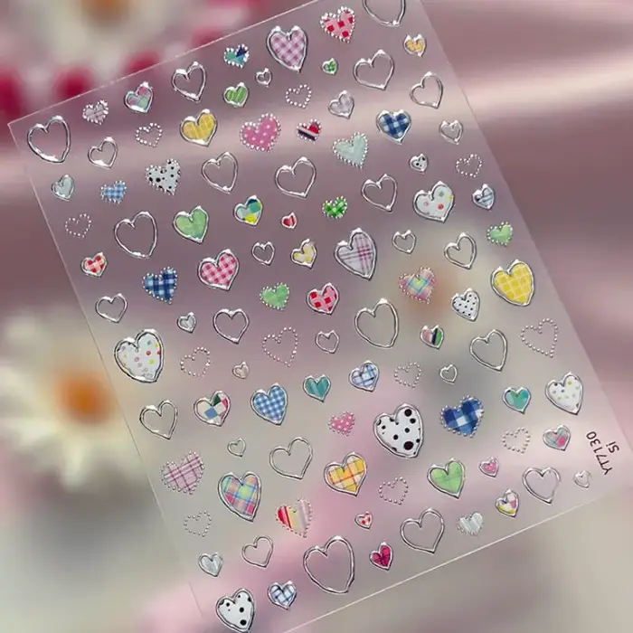 Autocollants pour ongles en forme de cœur, Saint-Valentin, autocollants colorés à carreaux pour l'ar