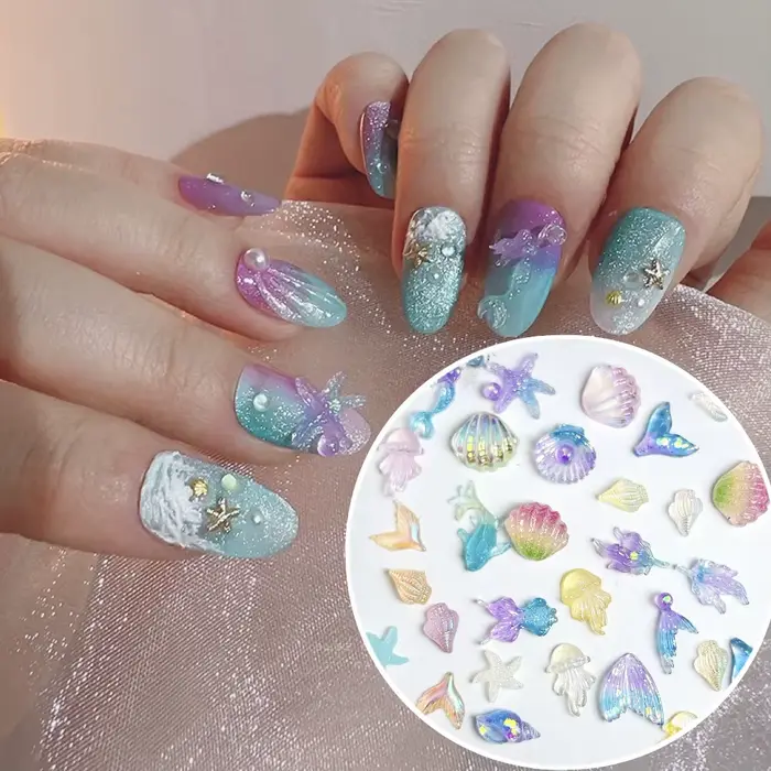 50 pièces 3D créatif simulé coquille de conque breloques pour ongles coloré translucide méduse océan série résine Nail Art décorations bricolage