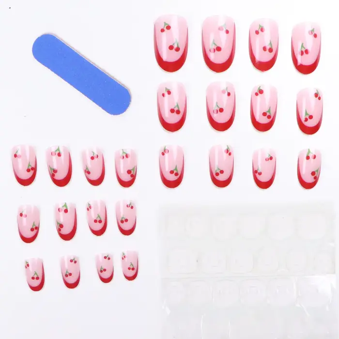 24 pièces mis à niveau votre look avec un ensemble de faux ongles cerise amande à bords rouges 1 lime