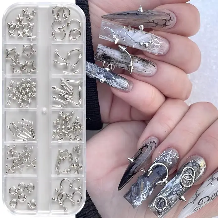 12 grilles Goth Punk ongles breloques goujons Y2K Piercing conceptions métallique argenté