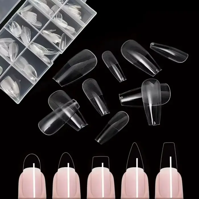 120 faux ongles semi-translucides transparents en forme de cercueil