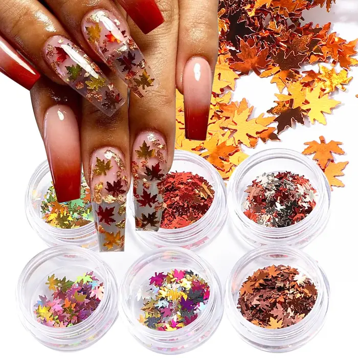 6 boîtes de paillettes pour ongles en forme de feuille d'érable dorée, paillettes holographiques en