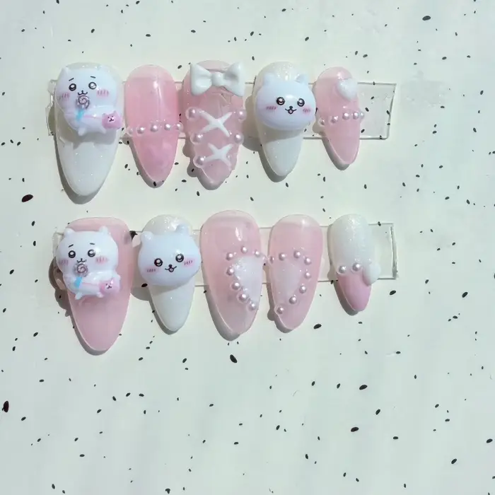 Ongles press-on Chiikawa, mignons, 3D, dessin animé, faux ongles rose et blanc, kawaii, nail art pour filles, cadeau