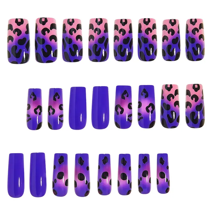 Faux ongles moyens pour femmes et filles, dégradé violet bleu vert rouge noir imprimé léopard, pointes carrées en amande à pression
