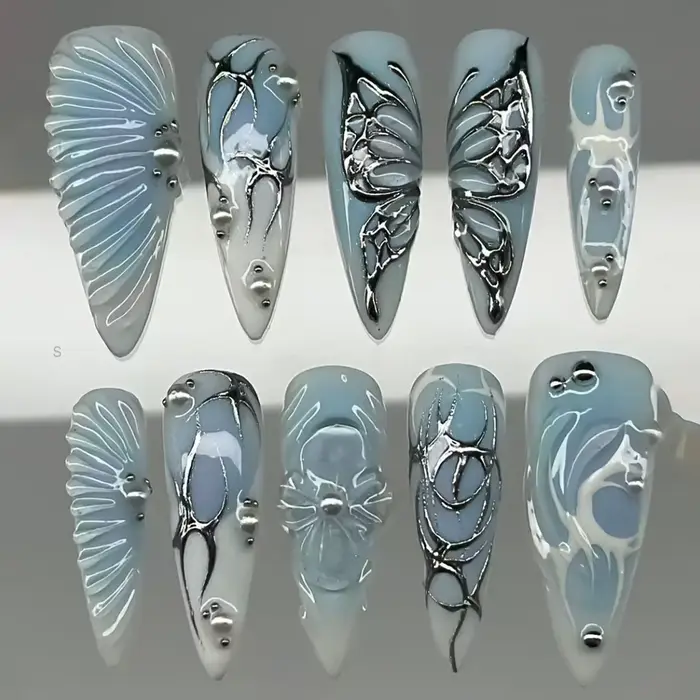 10 faux ongles bleus à presser avec strass, longs en acrylique, forme amande, pour filles stylées