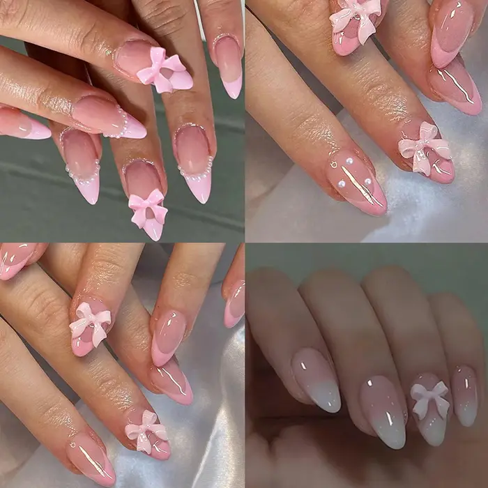 ARTAUG 96 pièces faux ongles français pressés en amande avec des motifs de perles et de fleurs d'arc 3d