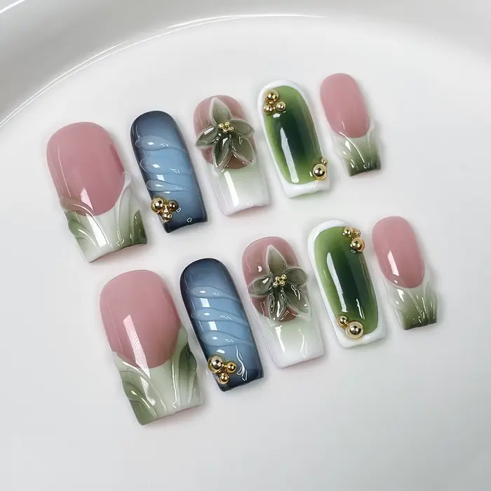 10 pièces 3D fleur verte à la main presse sur ongles français faux ongles portable ongles à coller f
