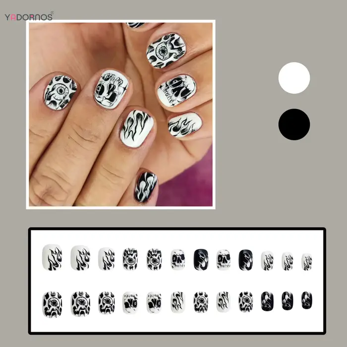 Faux-ongles Ronds Courts Pehonneur à la Main en Noir et Blanc