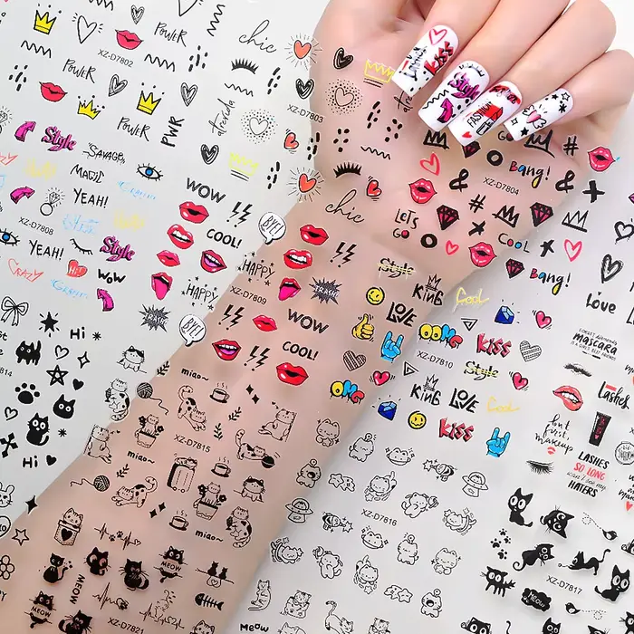 30 pièces/ensemble 3D dessin animé chat Nail Art autocollants noir Graffiti Animal arc étoile coeur 