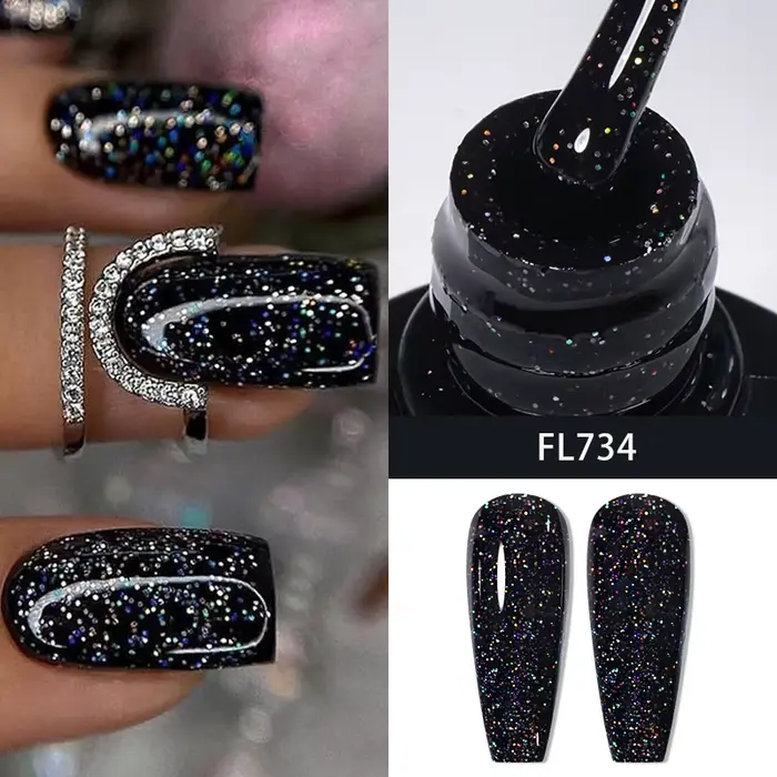 Vernis à ongles gel noir pailleté 10 ml - Gel semi-permanent UV/LED pour manucure DIY, design d'art 