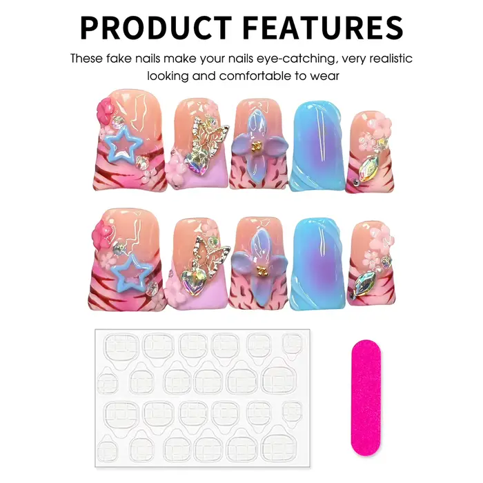 Faux ongles français faits à la main en forme de bec de canard, à pression, imprimé léopard coloré, 