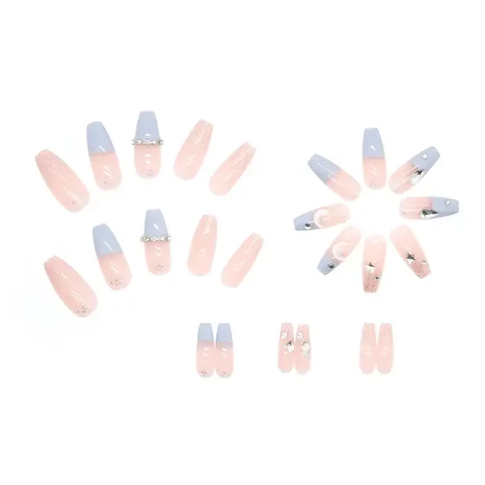 Sel de mer bleu clair 24 pièces presse sur ongles rose dégradé faux