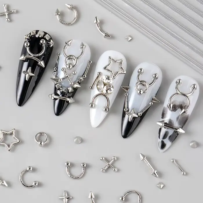 12 grilles Goth Punk ongles breloques goujons Y2K Piercing conceptions métallique argenté