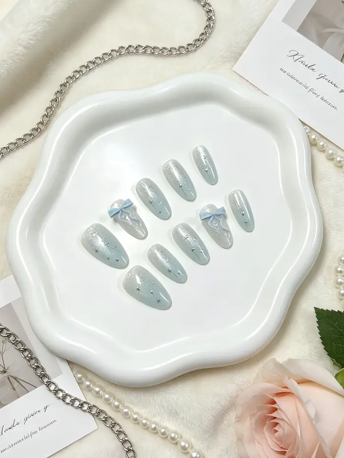 10 faux ongles en forme d'amande, dégradé blanc laiteux et vert menthe, effet œil de chat, avec pail
