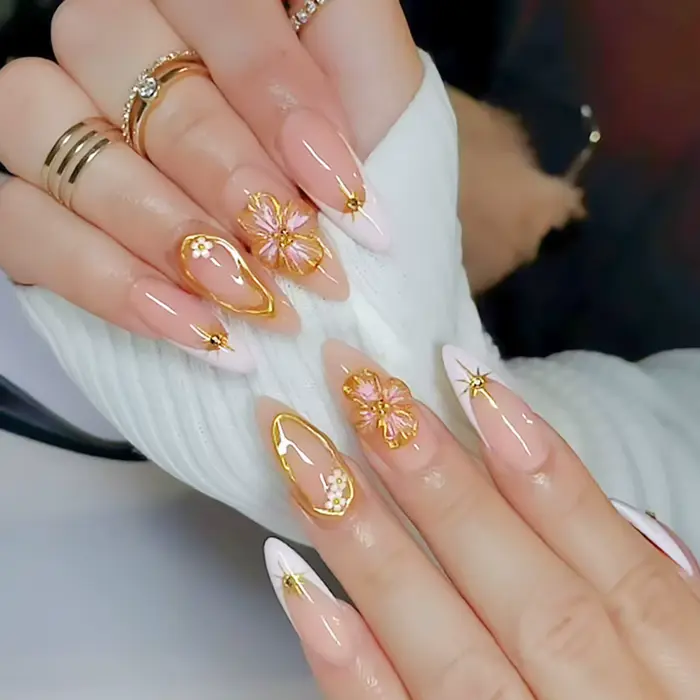 30 pièces fleurs rouges imprimé presse sur ongles français amande rose Blush faux