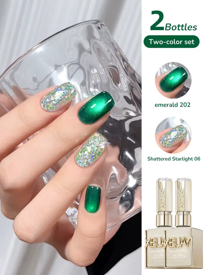 XEJAYI 2 pièces 15ml vert oeil de chat Gel vernis à ongles ensemble, UV LED trempage Gel à ongles, s