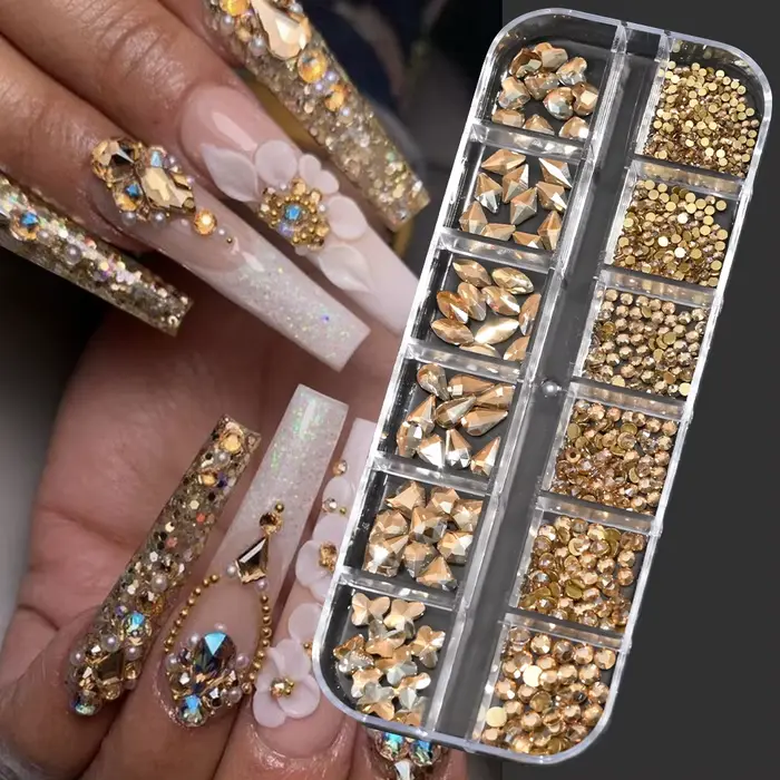 Strass pour Nail Art, 12 grilles, vert, bleu, tailles mixtes, cristal, dos plat, breloques pour ongl