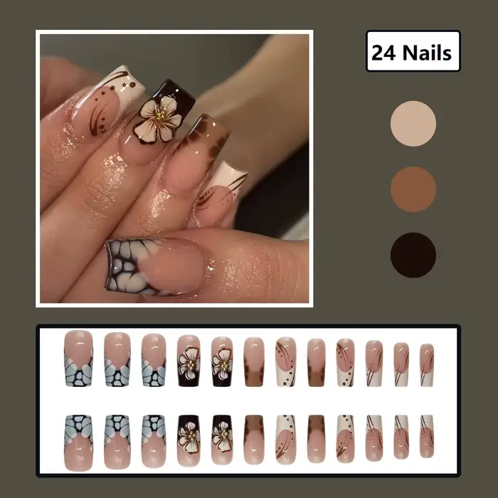 Faux ongles à pression marron carrés moyens avec motifs bâton de fleurs