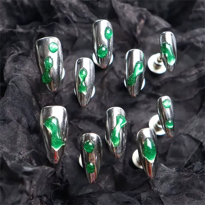 Faux ongles en forme d'amande faits à la main, en argent, à pression, entièrement en acrylique, long