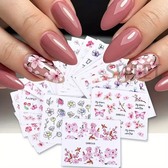 Autocollants à l'eau pour ongles, fleur de Sakura, fleurs de cerisier roses, feuille florale, concep