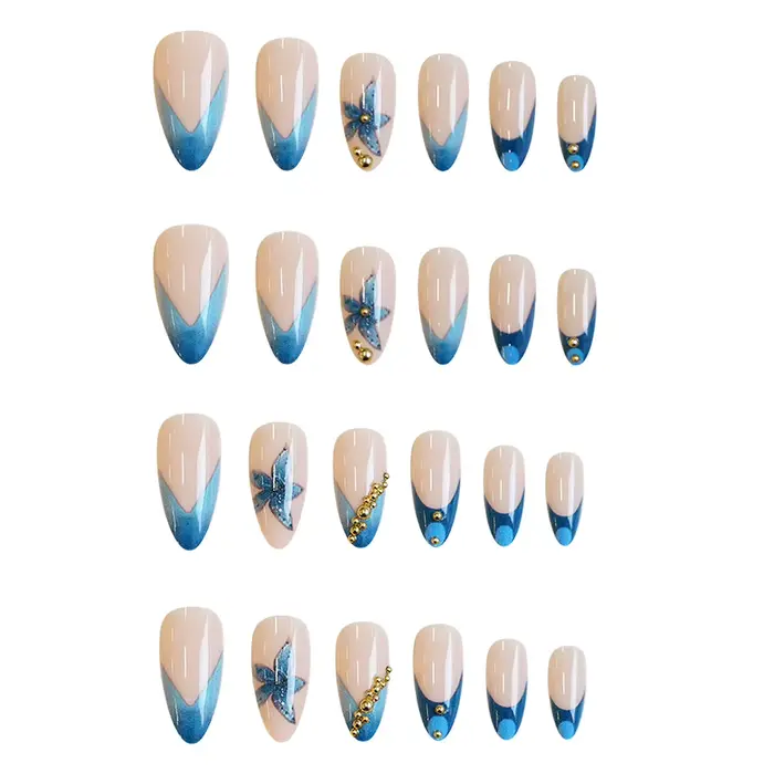 Faux ongles nude avec motif floral rose et bleu, perles métalliques et strass, forme amande, à presser, pour nail art
