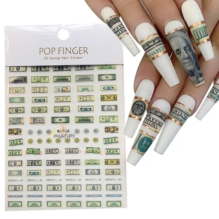 Autocollants 3D en forme de Dollar d'argent pour Nail Art