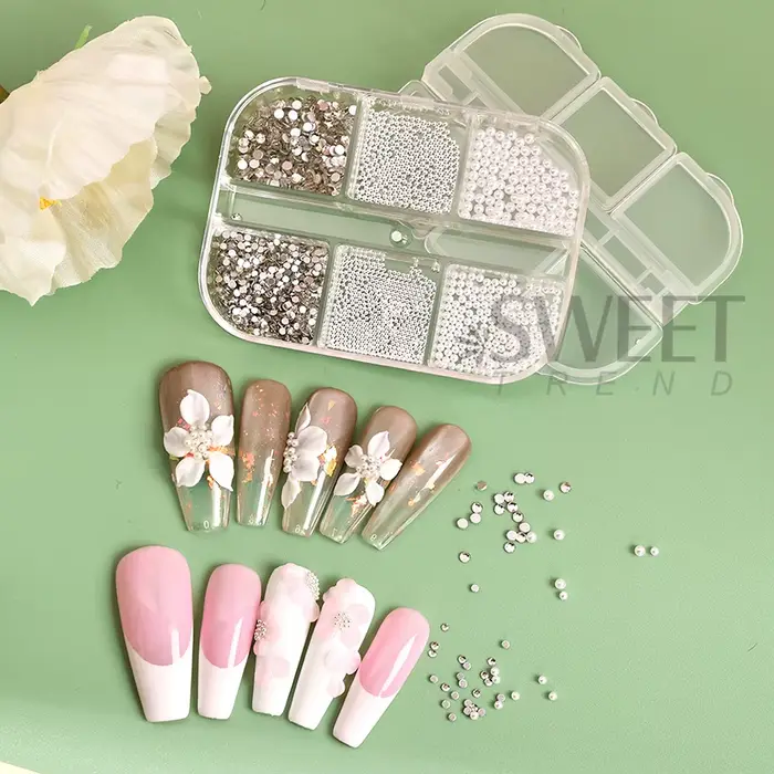Strass 3D pour Nail Art, 6 grilles, perles rondes blanches, décoration d'ongles, breloques en acier,