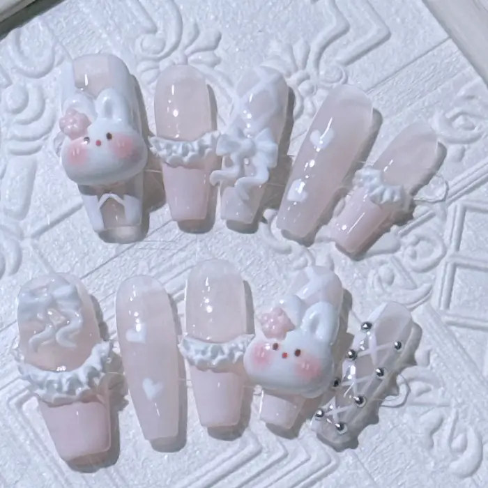 Faux ongles longs et amovibles faits à la main réutilisables simples doux français rose girly jupe en forme de cœur lapin mignon