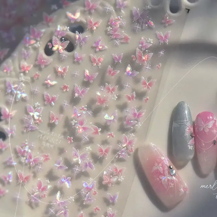 Autocollants adhésifs doux 5D pour Nail Art, dégradé blanc rose, fleur papillon, étoiles brillantes,