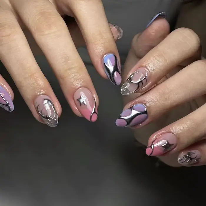 24 pièces presse foncée sur faux ongles avec paillettes noires modèles métalliques 3D doux frais ama