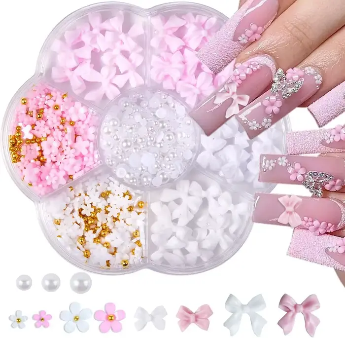 1 boîte de décorations pour ongles en forme de fleur avec nœud papillon 3D