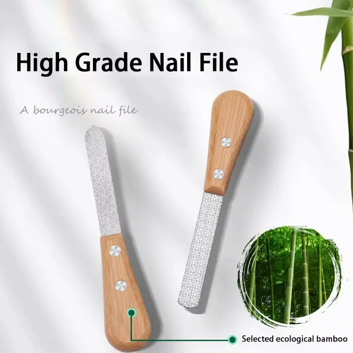 Lime à ongles Double face en acier inoxydable, avec poignée en bambou, outil de polissage des ongles
